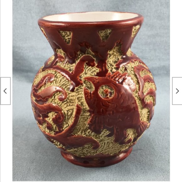 Vintage MCM Mid-century Red Italian Sgraffito Pottery Vase Fish 5" tall - Picture 4 of 10